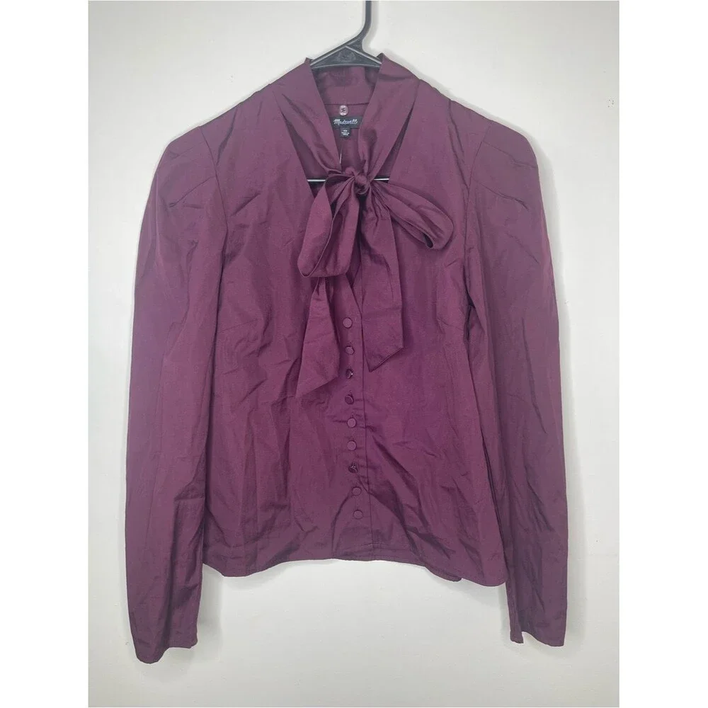 Madewell V-Neck Button-Front Top XS Dark Pomegranate Long Sleeve Workwear